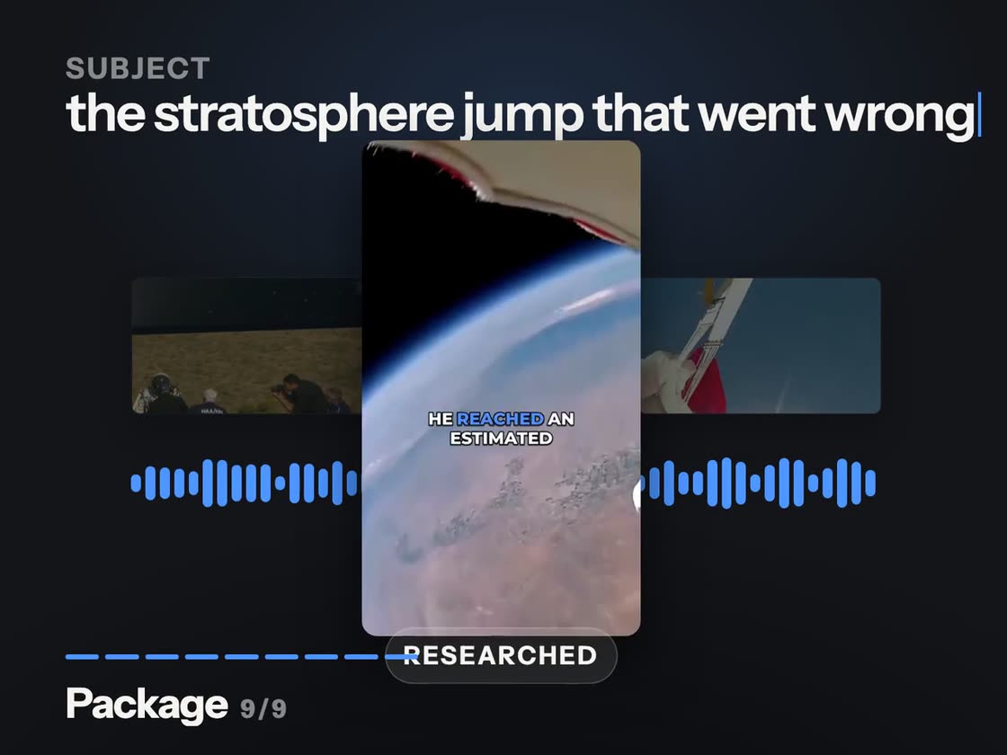 Nine real archive clips found for one subject, three of them picked, and the finished vertical video standing in front of them.